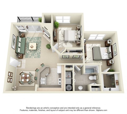 Floor plan for 2 beds, 1 bath, 938 sqft